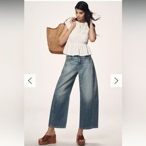 Wide Leg Cropped Denim Jeans - Blue